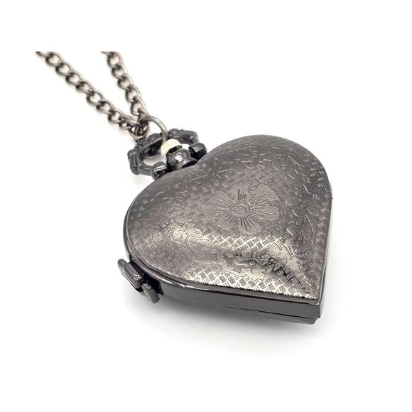 Black Heart Pendant Watch - Gothic Filigree Necklace Locket Watch Gift for Her - Picture 3 of 10